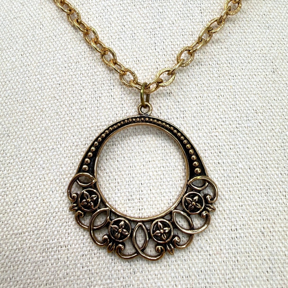 Barse Open Circle Pendant Necklace Filigree Floral Medallion